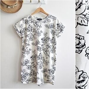 Fred David Floral Print T-Shirt Dress Tunic Top L Black & White Rolled Sleeve